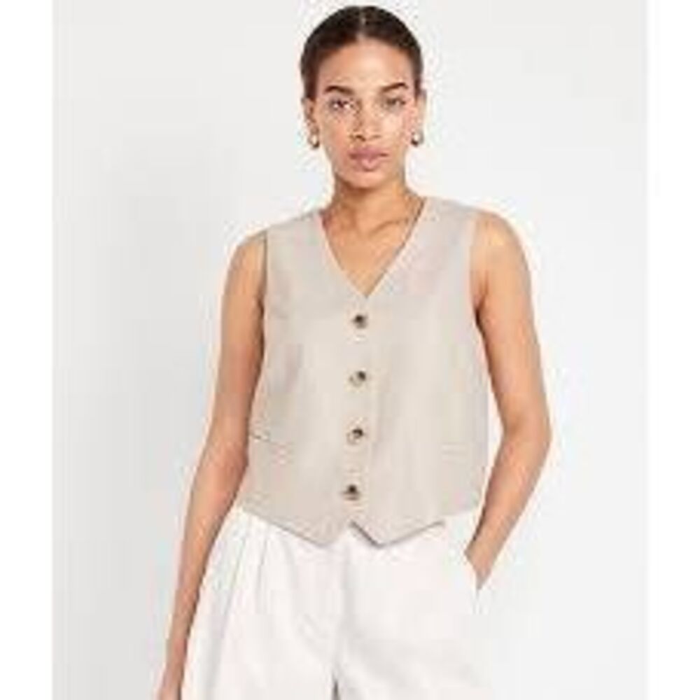Old Navy relaxed vest linen-blend a stones throw XL button front welt pockets